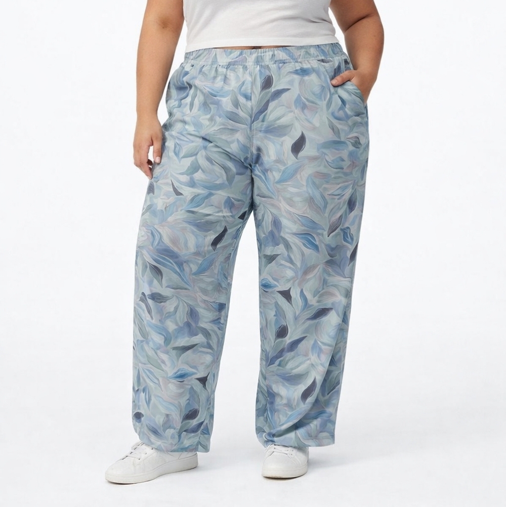 Stylish Blue Leaf Pattern Wide Leg Pants  0130